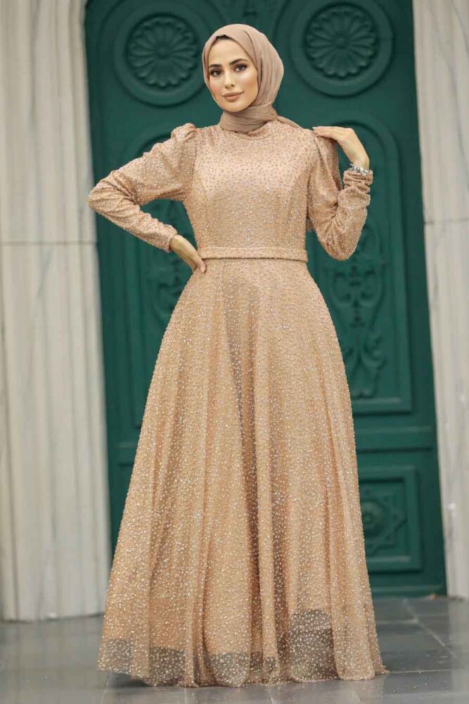 Stylish Gold Modest Evening Gown 23070GOLD - 1