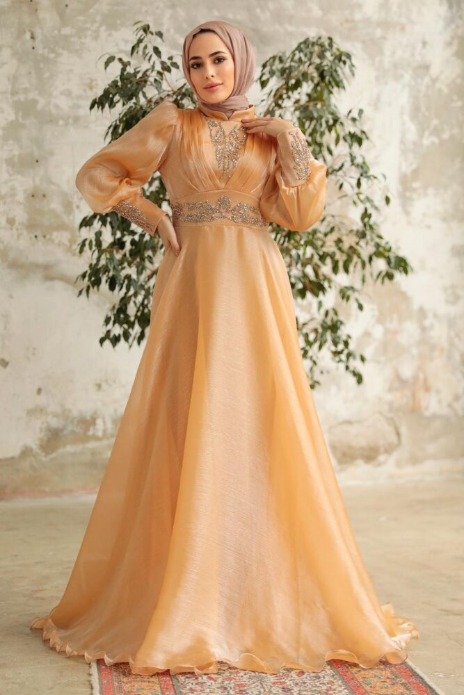 Neva Style - Stylish Gold Modest Islamic Clothing Prom Dress 3753GOLD - 1
