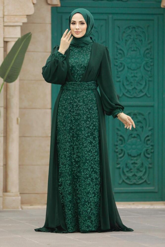 Neva Style - Stylish Green Hijab Wedding Gown 22071Y - 3