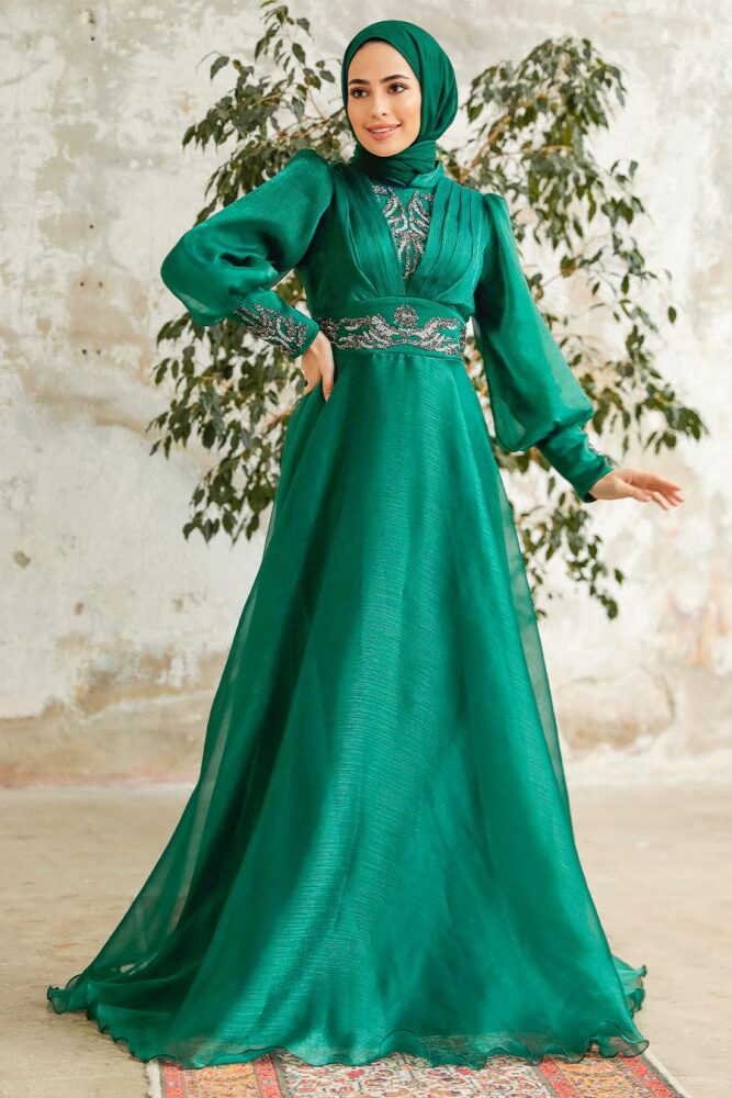 Neva Style - Stylish Green Modest Islamic Clothing Prom Dress 3753Y - 1