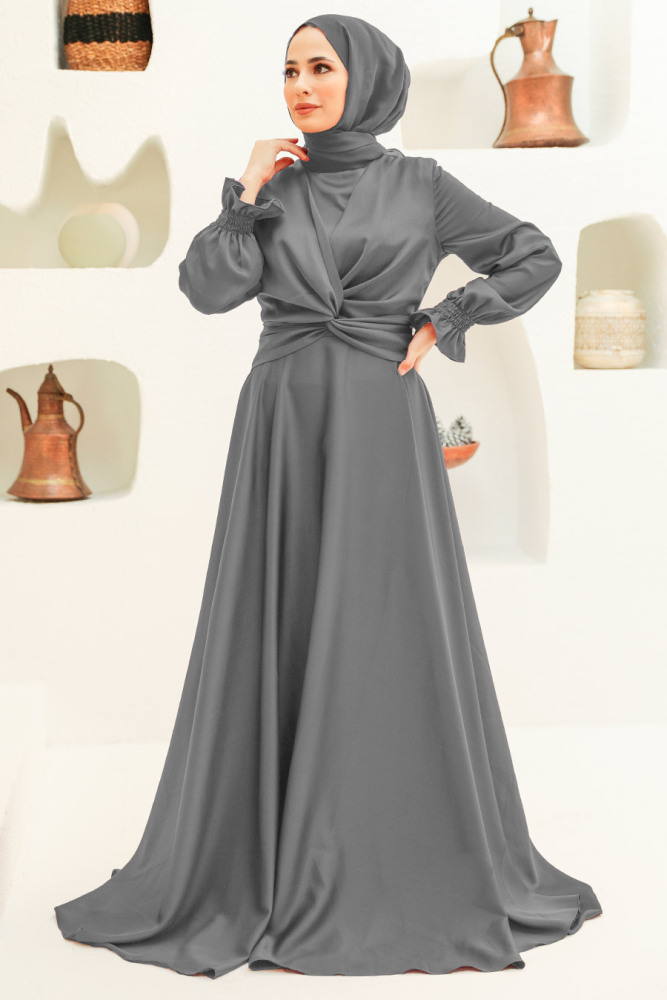 Neva Style - Stylish Grey Islamic Clothing Engagement Dress 3389GR - 1