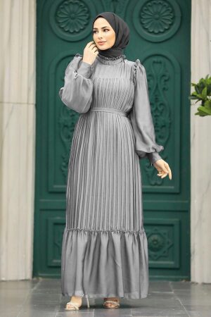 Stylish Grey Islamic Clothing Engagement Dress 39651GR - 1
