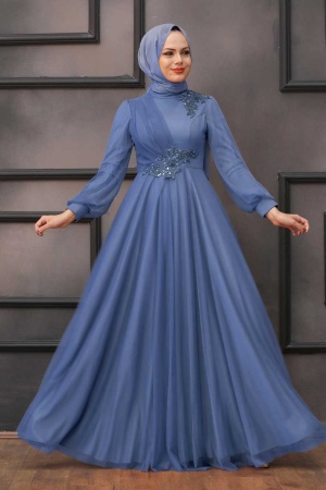 Neva Style - Stylish İndigo Blue Hijab Evening Dress 22061IM - 1