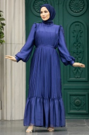 Neva Style - Stylish İndigo Blue Islamic Clothing Engagement Dress 39651IM - Thumbnail