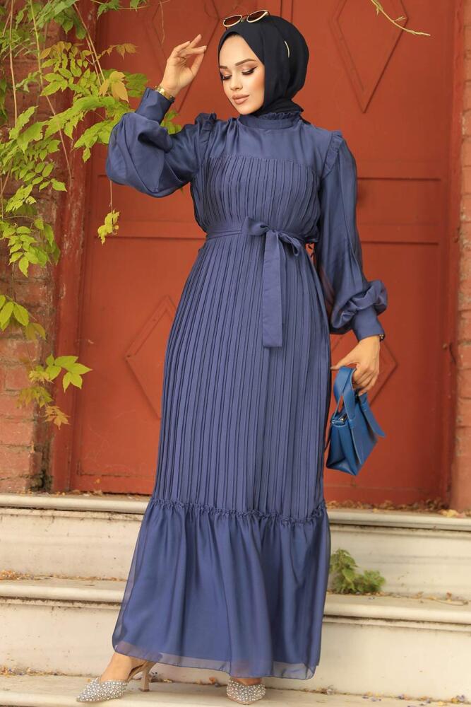 Stylish İndigo Blue Islamic Clothing Engagement Dress 39651IM - 1