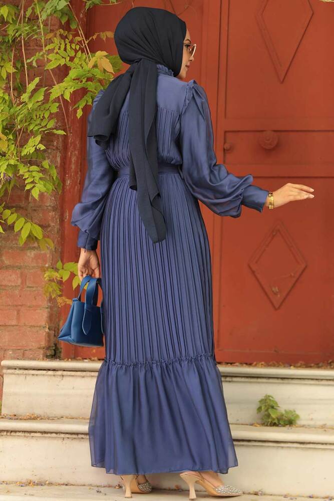 Stylish İndigo Blue Islamic Clothing Engagement Dress 39651IM - 3