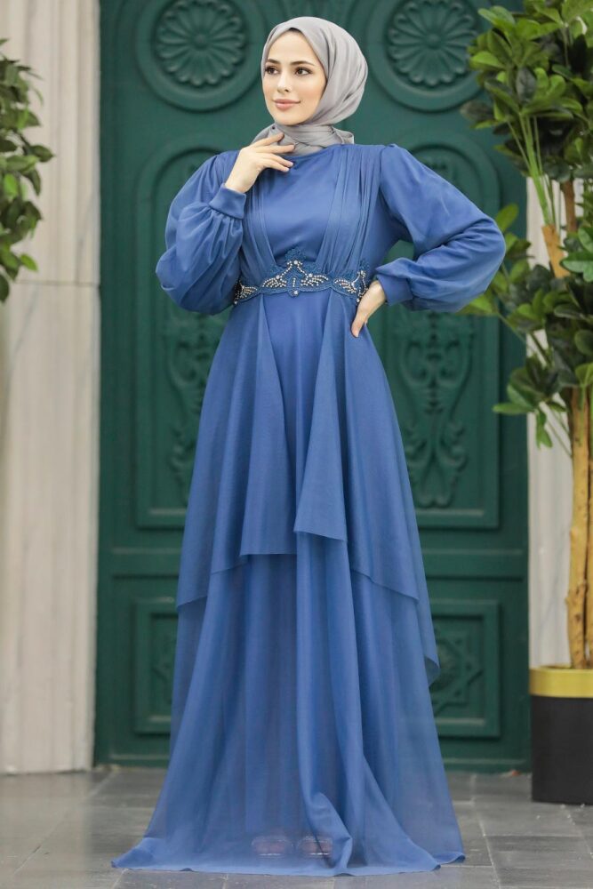 Stylish İndigo Blue Islamic Clothing Evening Dress 22123IM - 1