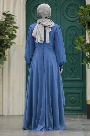 Stylish İndigo Blue Islamic Clothing Evening Dress 22123IM - 2