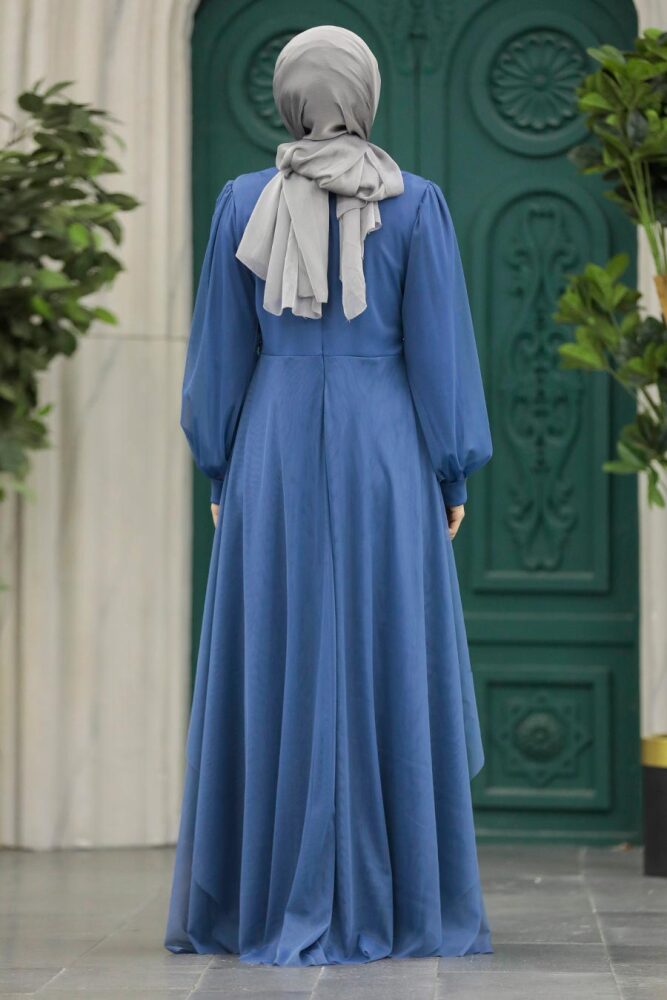Stylish İndigo Blue Islamic Clothing Evening Dress 22123IM - 2