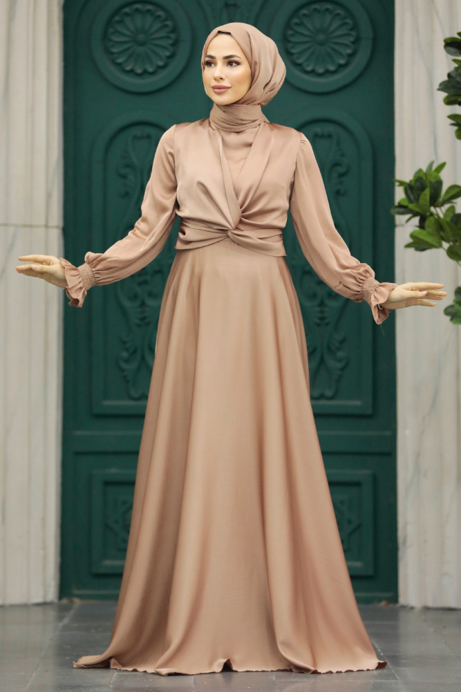 Stylish Mink Islamic Clothing Engagement Dress 3389V - 2
