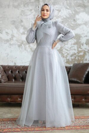 Neva Style - Stylish Grey Islamic Long Sleeve Maxi Dress 3871GR - 1