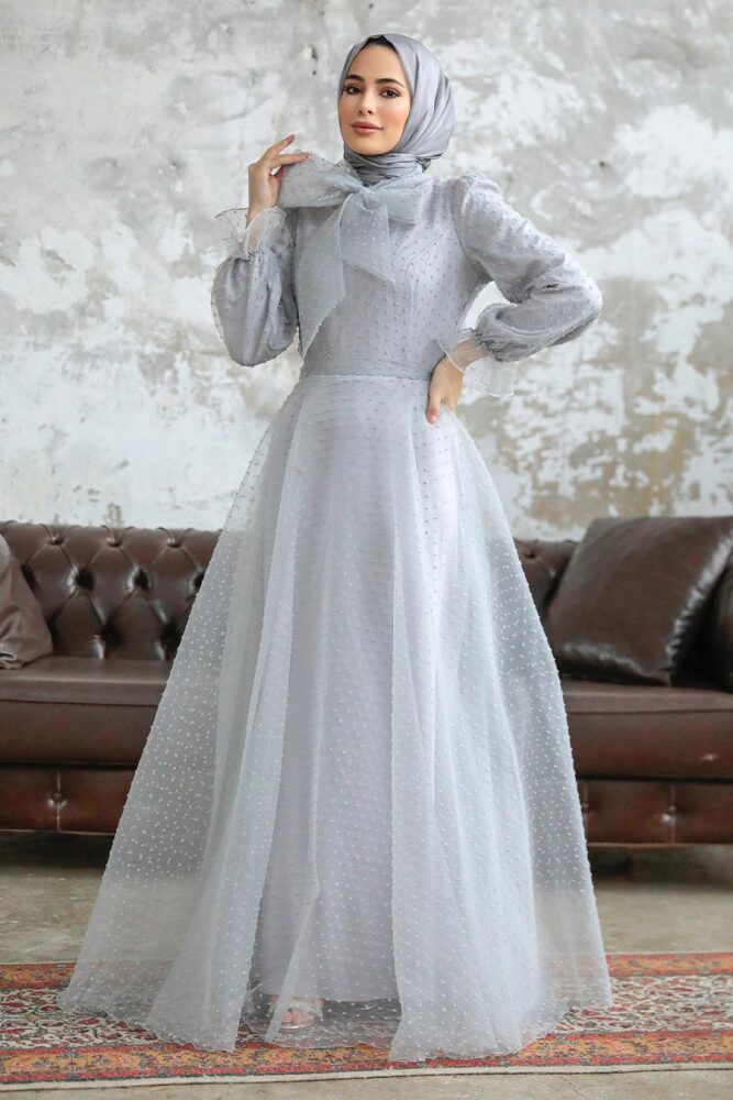 Neva Style - Stylish Grey Islamic Long Sleeve Maxi Dress 3871GR - 2