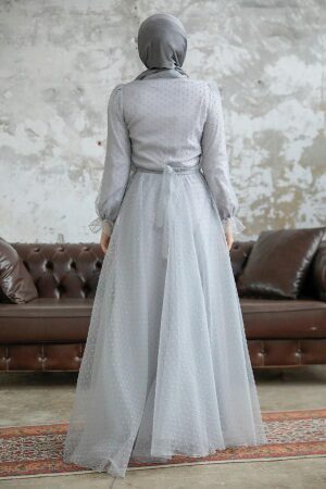 Neva Style - Stylish Grey Islamic Long Sleeve Maxi Dress 3871GR - 3
