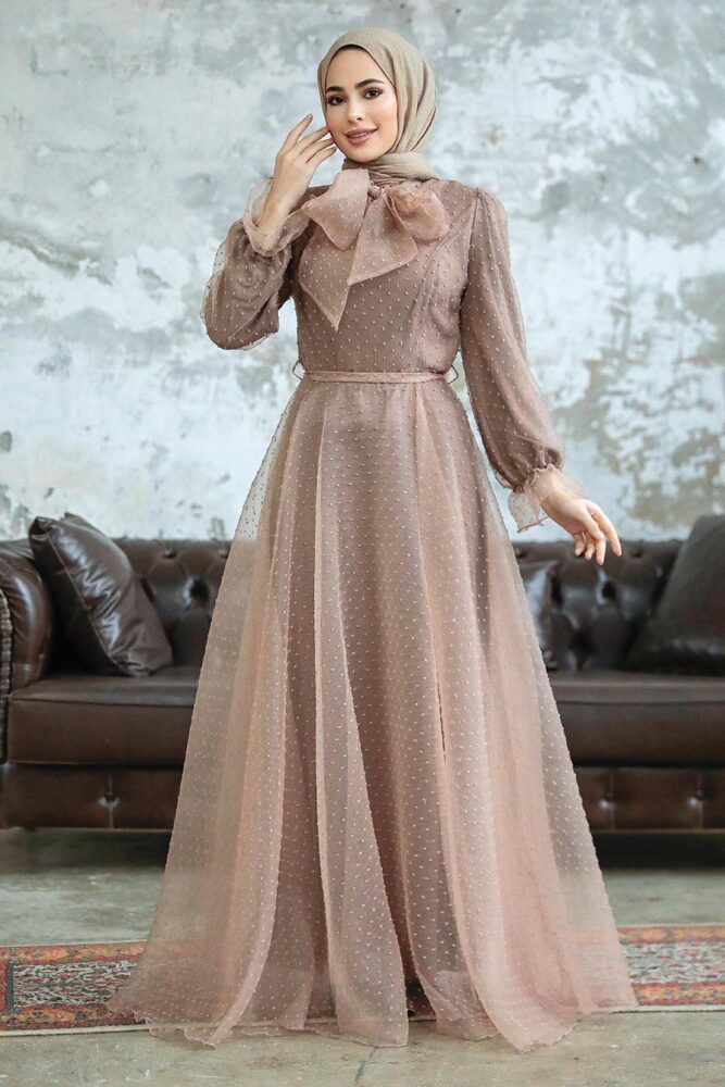 Neva Style - Stylish Mink Islamic Long Sleeve Maxi Dress 3871V - 1