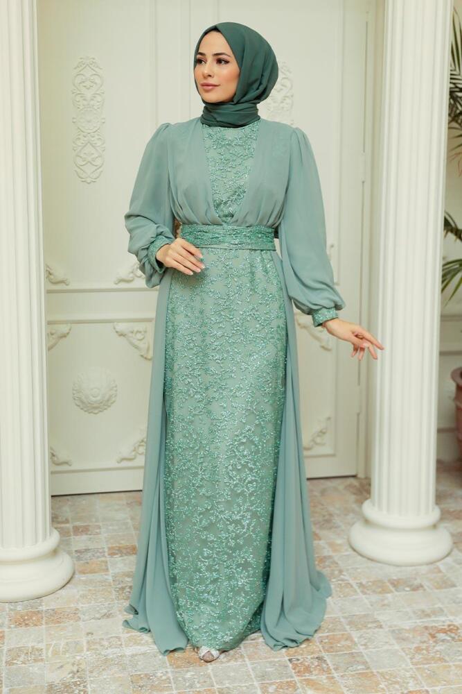 Neva Style - Stylish Mint Hijab Wedding Gown 22071MINT - 2