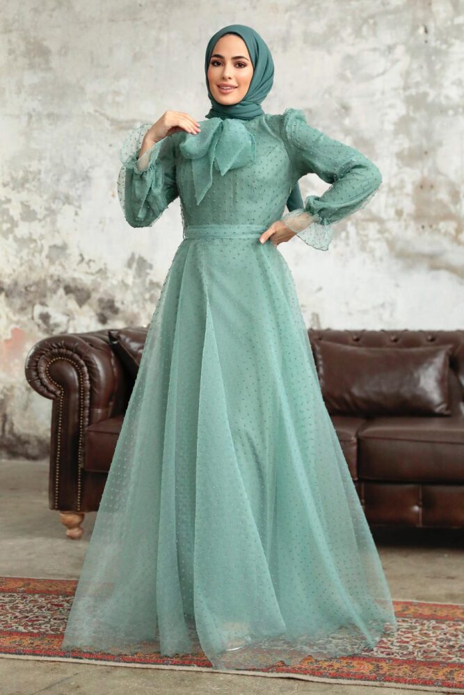 Neva Style - Stylish Mint Islamic Long Sleeve Maxi Dress 3871MINT - 1