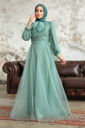 Neva Style - Stylish Mint Islamic Long Sleeve Maxi Dress 3871MINT - 2