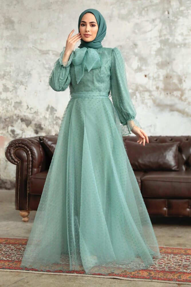 Neva Style - Stylish Mint Islamic Long Sleeve Maxi Dress 3871MINT - 2