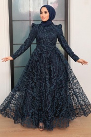 Neva Style - Stylish Navy Blue Hijab Bridesmaid Dress 22780L - Thumbnail