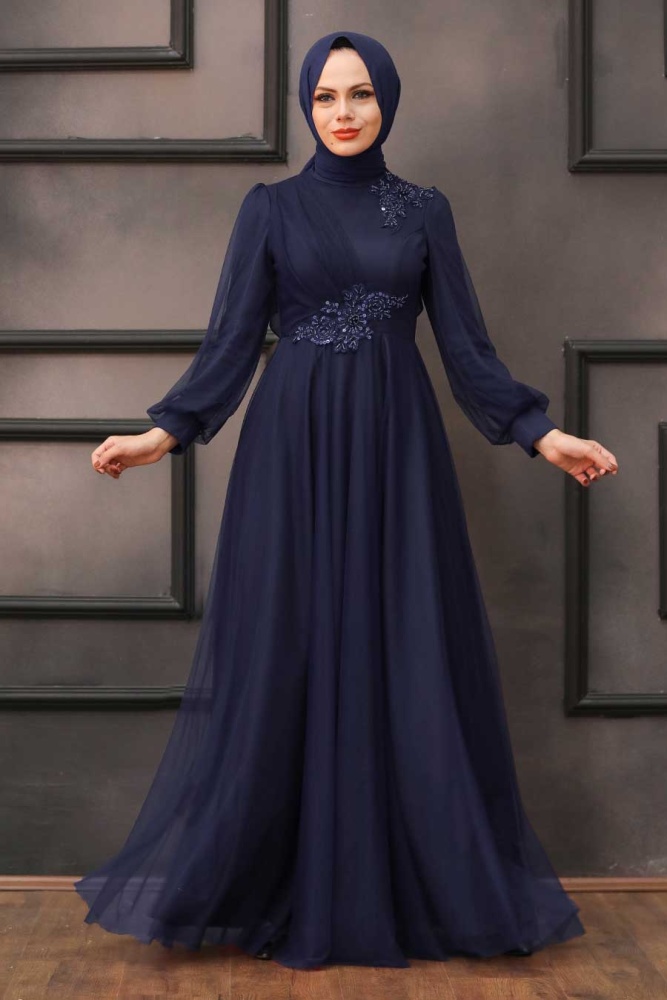 Neva Style - Stylish Navy Blue Hijab Evening Dress 22061L - 1