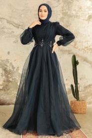 Neva Style - Stylish Navy Blue Muslim Bridal Dress 22571L - Thumbnail