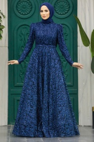 Neva Style - Stylish Navy Blue Muslim Wedding Dress 23241L - Thumbnail