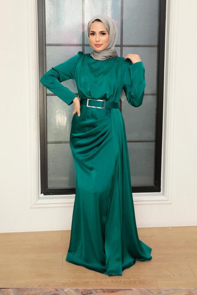 Neva Style - Stylish Oil Green Islamic Long Sleeve Maxi Dress 3606PY - 1