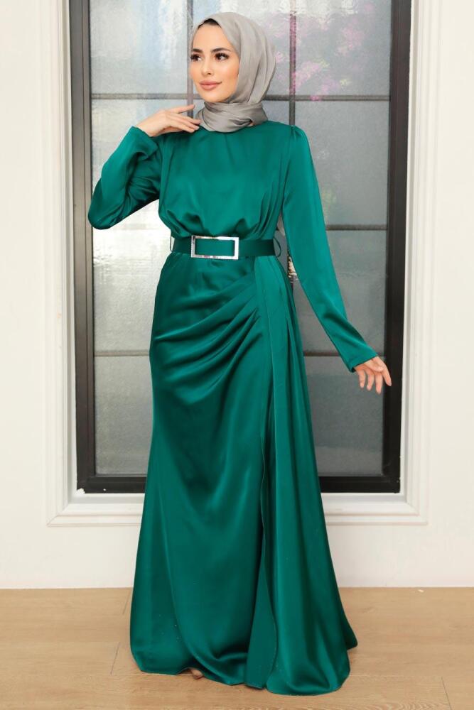 Neva Style - Stylish Oil Green Islamic Long Sleeve Maxi Dress 3606PY - 2