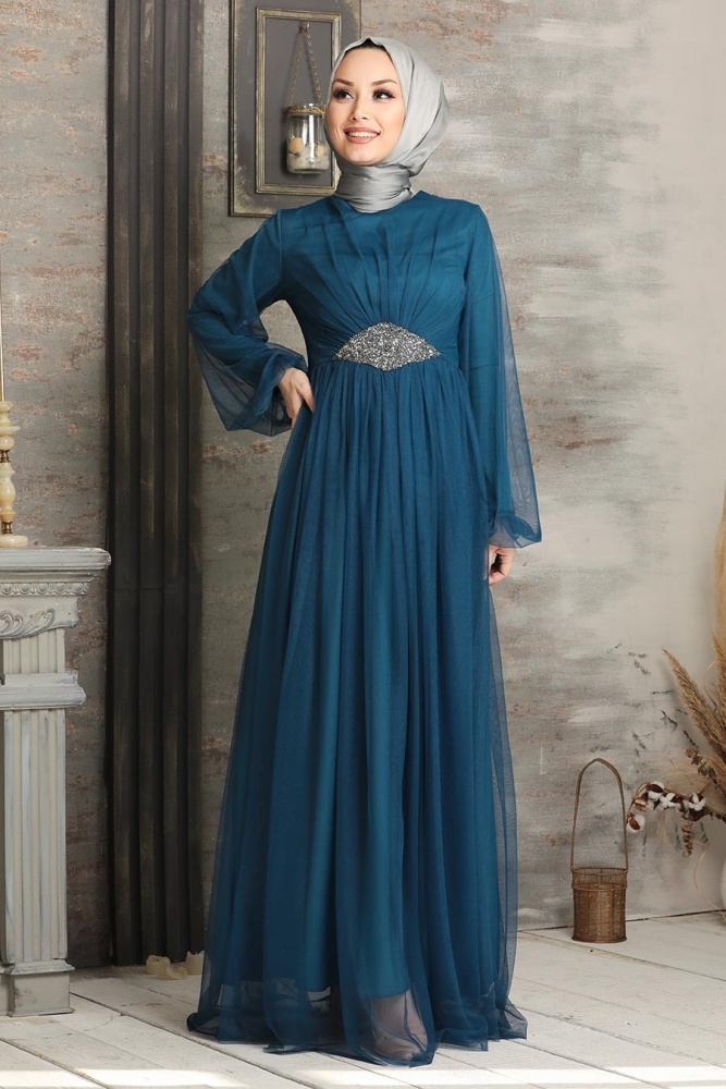 Neva Style - Stylish Petrol Blue Modest Evening Gown 54230PM - 1