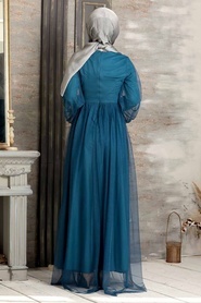 Neva Style - Stylish Petrol Blue Modest Evening Gown 54230PM - Thumbnail