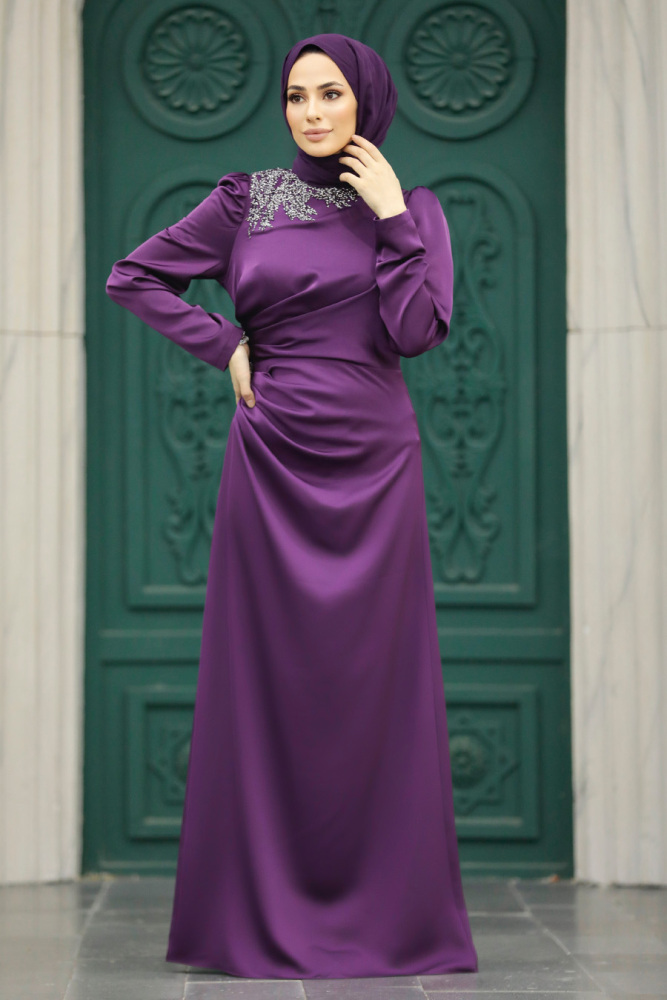 Stylish Plum Color Muslim Bridesmaid Dress 40773MU - 1