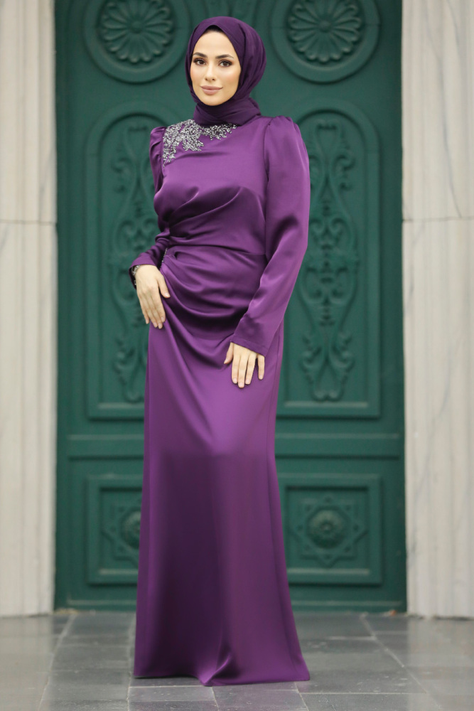 Stylish Plum Color Muslim Bridesmaid Dress 40773MU - 2