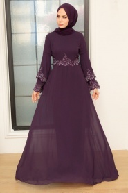 Neva Style - Stylish Purple Islamic Evening Dress 9181MOR - Thumbnail