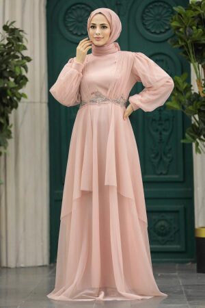 Stylish Salmon Pink Islamic Clothing Evening Dress 22123SMN - 1