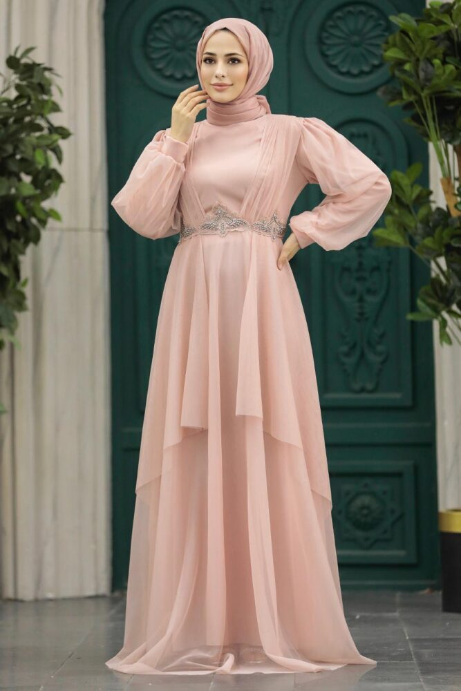 Stylish Salmon Pink Islamic Clothing Evening Dress 22123SMN - 1