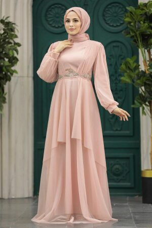 Stylish Salmon Pink Islamic Clothing Evening Dress 22123SMN - 3
