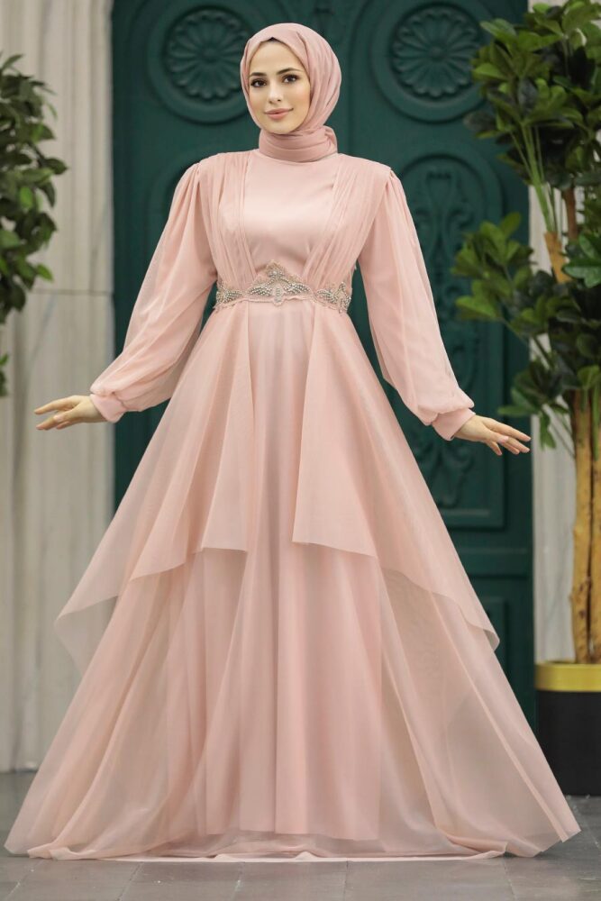 Stylish Salmon Pink Islamic Clothing Evening Dress 22123SMN - 2