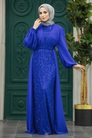 Neva Style - Stylish Sax Blue Muslim Long Sleeve Dress 22072SX - Thumbnail