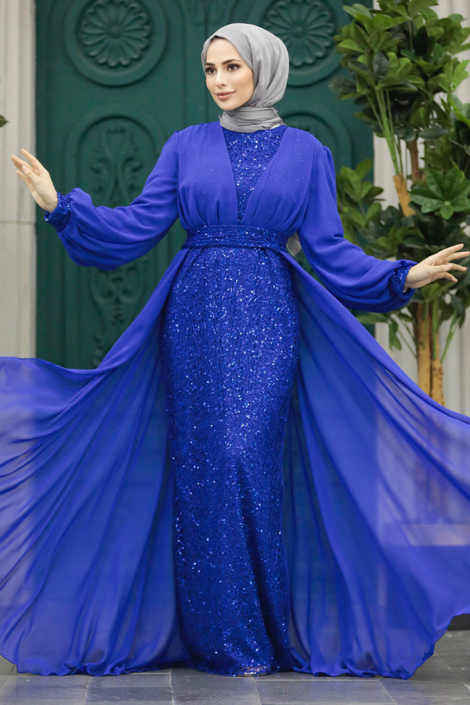 Stylish Sax Blue Muslim Long Sleeve Dress 22072SX - 1