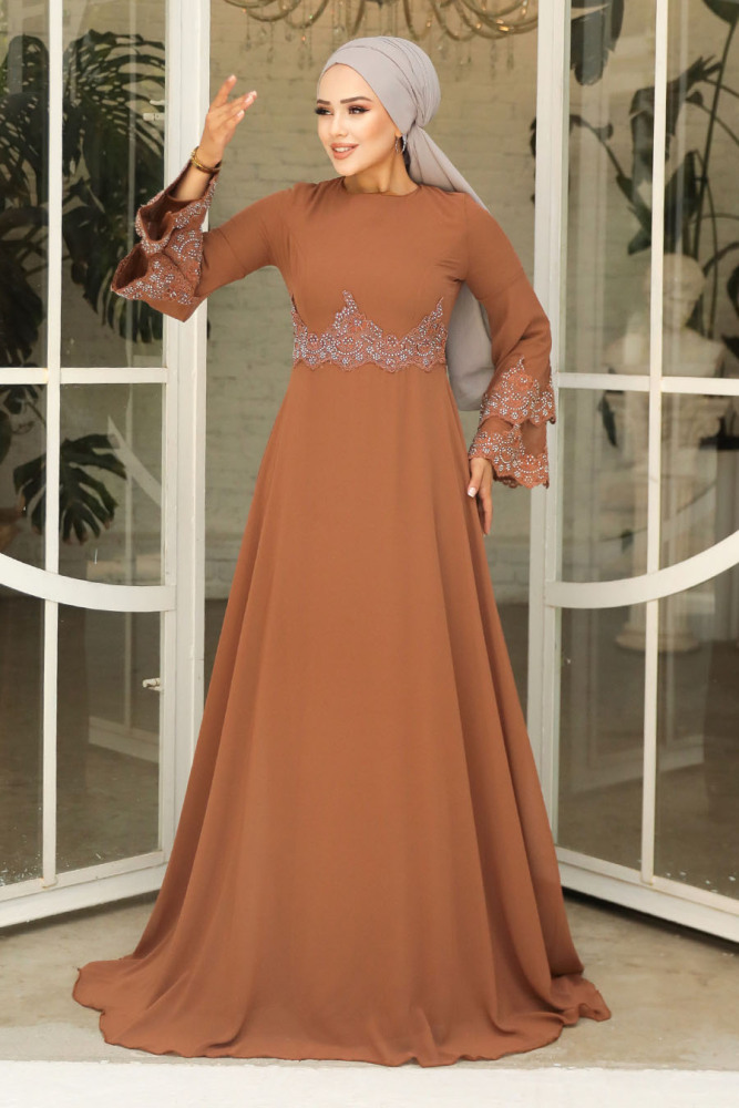 Neva Style - Stylish Sunuff Colored Islamic Evening Dress 9181TB - 2