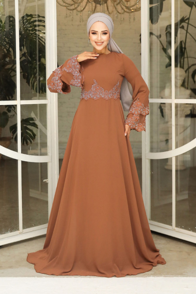 Neva Style - Stylish Sunuff Colored Islamic Evening Dress 9181TB - 1