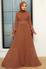 Neva Style - Stylish Sunuff Colored Islamic Evening Dress 9181TB - Thumbnail