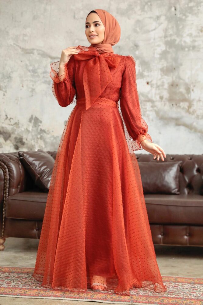 Neva Style - Stylish Terra Cotta Islamic Long Sleeve Maxi Dress 3871KRMT - 1