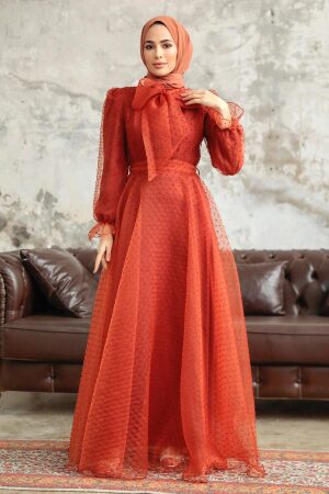 Neva Style - Stylish Terra Cotta Islamic Long Sleeve Maxi Dress 3871KRMT - 2