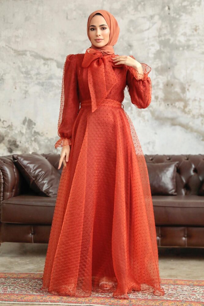 Neva Style - Stylish Terra Cotta Islamic Long Sleeve Maxi Dress 3871KRMT - 2