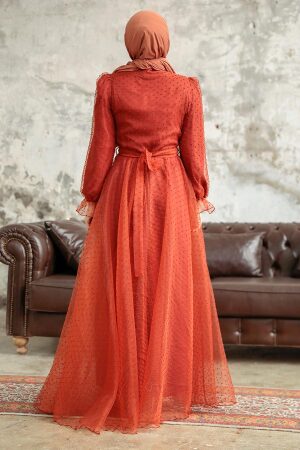 Neva Style - Stylish Terra Cotta Islamic Long Sleeve Maxi Dress 3871KRMT - 3
