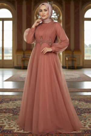 Neva Style - Stylish Terra Cotta Muslim Bridal Dress 22571KRMT - TESETTÜRLÜ ABİYE ELBİSELER