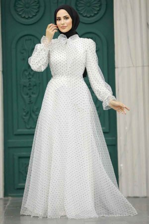 Stylish White Islamic Long Sleeve Maxi Dress 3871B - 1