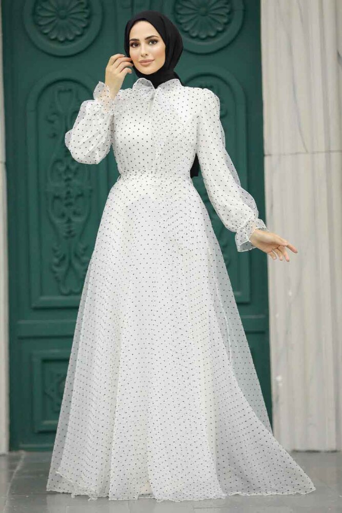 Stylish White Islamic Long Sleeve Maxi Dress 3871B - 1