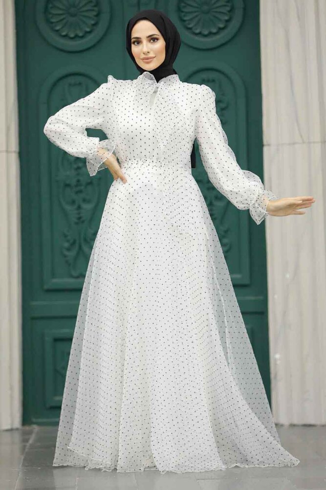 Stylish White Islamic Long Sleeve Maxi Dress 3871B - 2
